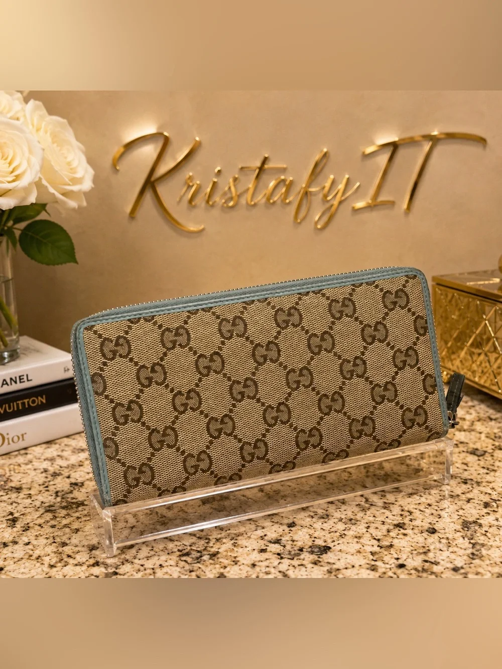 Gucci GG Canvas Zip Around Wallet Blue Leather Trim Bow Continental - Picture 3 of 9